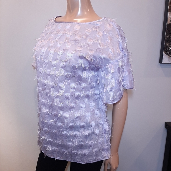 BANANA REPUBLIC Eyelash Fringe Top Sheer Lavender Short Bell Sleeve Satin Blouse - Picture 4 of 9